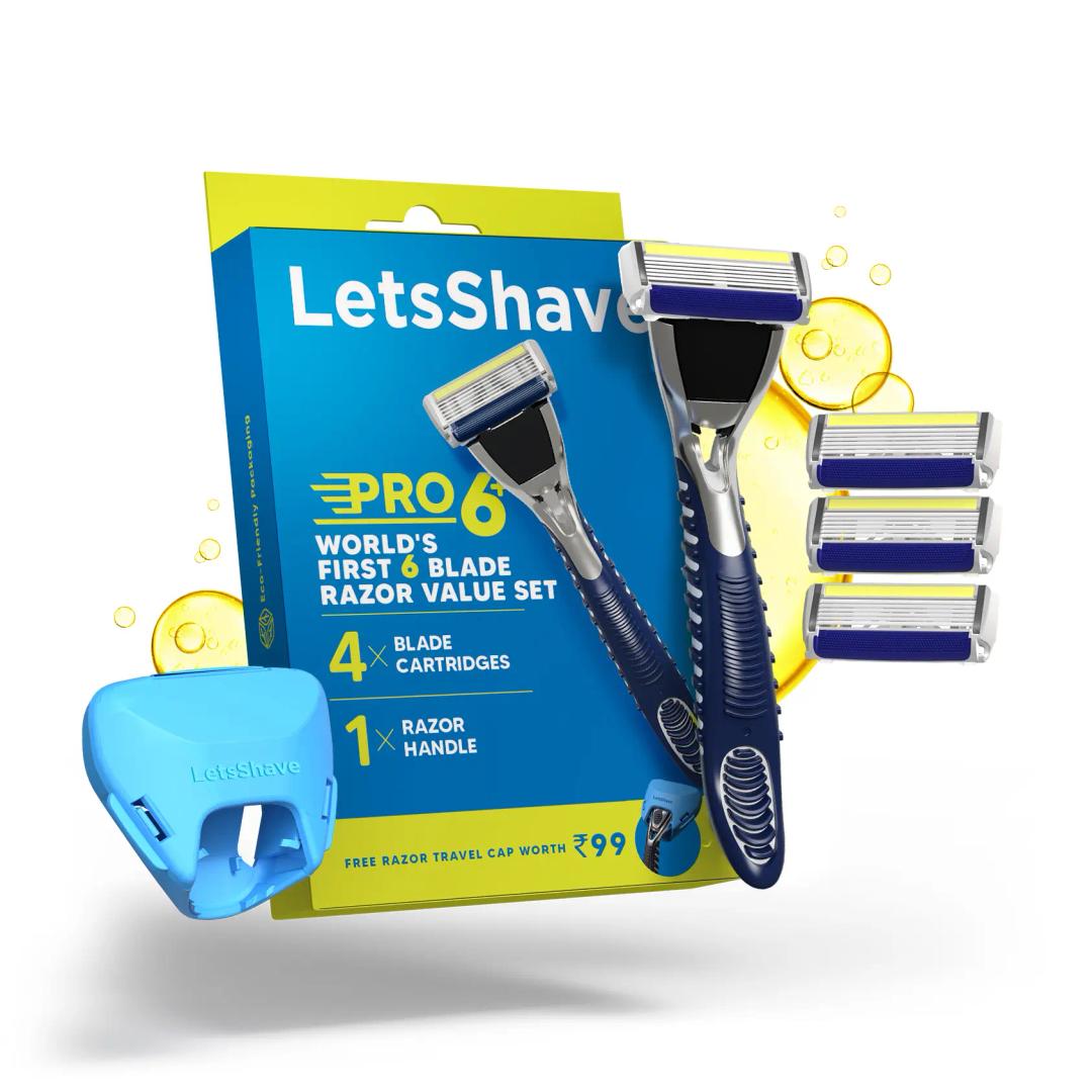 LetsShave Pro 6 Plus Face & Head Shaving Razor Value Set | World'S First 6-Blade Razor With Precision Edge | Argan Oil & Aloe Vera Infused Moisturizing Strip | Sold In 130 Countries | Razor + 4 Blades + Razor Cap