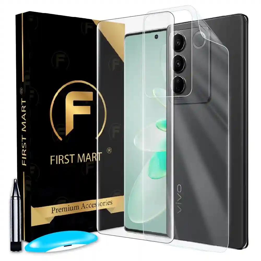 FIRST MART Tempered Glass for Vivo V27 5G with Edge to Edge Full Screen Coverage and Easy UV Glue Installation Kit and Back Nano Membrane