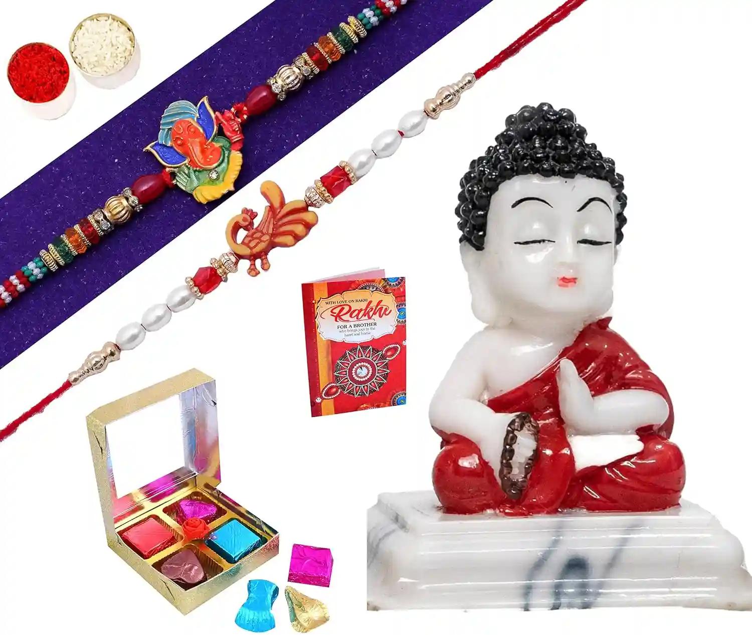 Rakhi For Brother With Chocolate/Rakhi For Brother With Sweets/Set Of 2 Rakhi With Gift-Kundan Rakhi+Beads Rakhi+Showpiece Figurine +Roli, Chawal+Raksha Bandhan Greeting Card