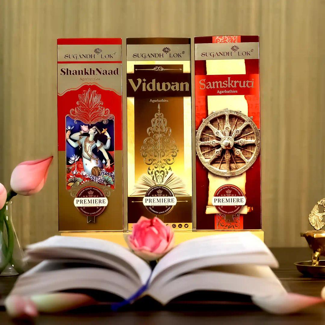 Premium Collection - Divine Chants Incense Sticks | Fragrance - Samskruthi/ Vidwan /Shanknand I Recycled Temple Flowers | Hand-crafted | Non-irritant Smoke - Pack of 3