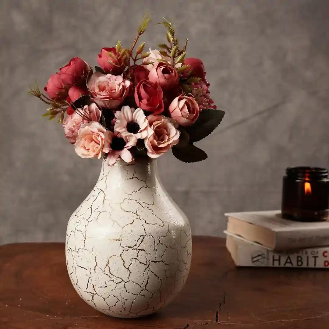 Behoma Metal Flower Vase for Home Decor Bedroom Living Room Office Wedding | Table Decorative Item for Festivals Birthday Off White Bud Shape Small (Flower Not Included)