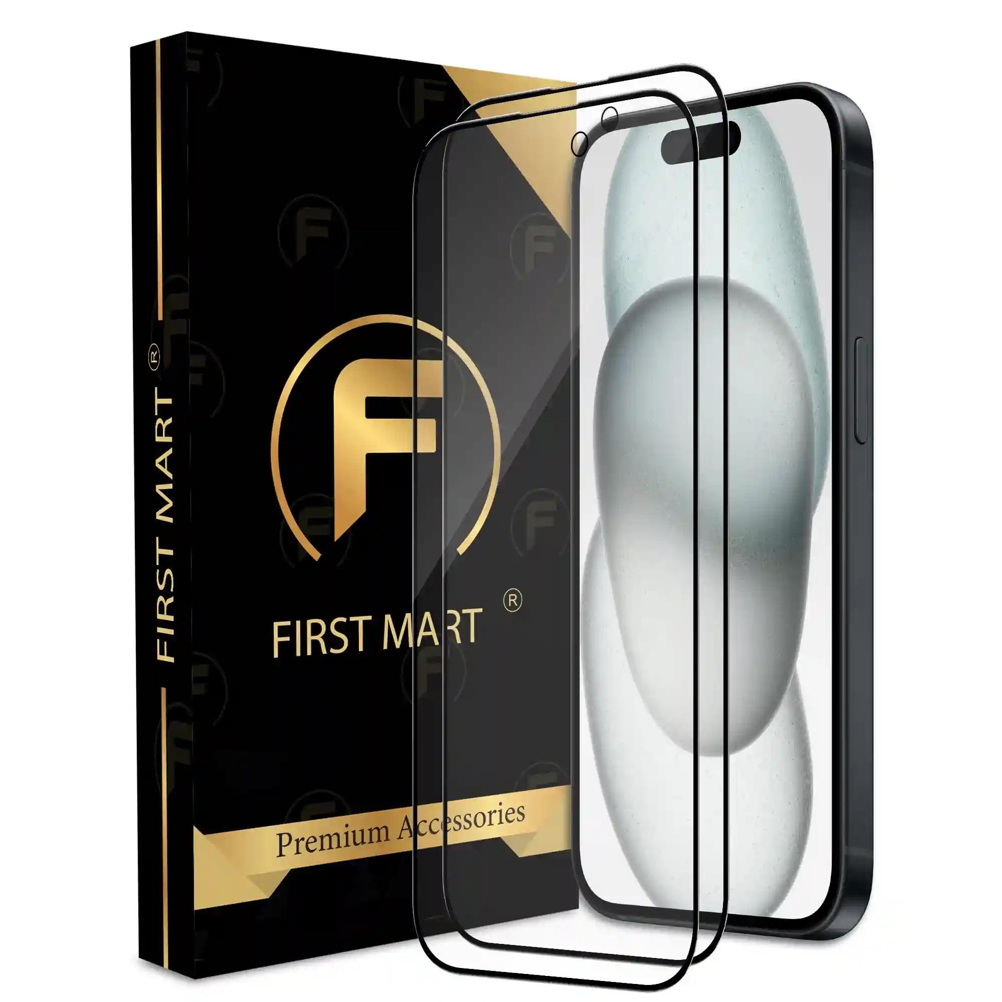 FIRST MART Premium Tempered Glass for iPhone 15 with Edge to Edge Coverage and Easy Installation Kit, Pack of 2