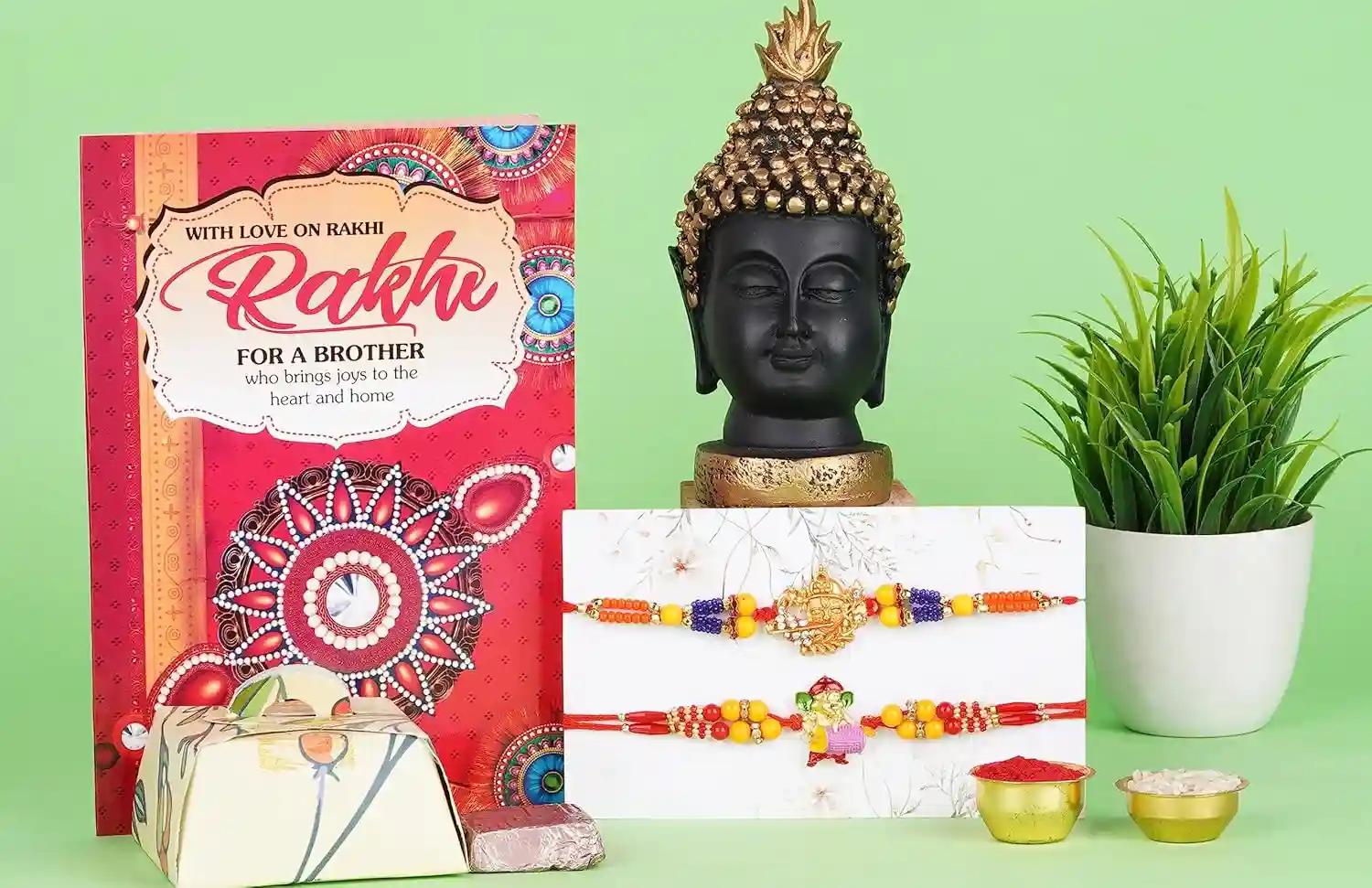 Rakhi Combo Of 2 Rakhi For Brother And Bhabhi Set/Premium Ganesh Ji Rakhi With Designer Kanha Ji Rakhi/Bracelet Rakhi/Raksha Bandhan Gift Card/Bhabhi Rakhi/ 2 /Pearl-2 Rakhi+Showpiece Figurine+Card