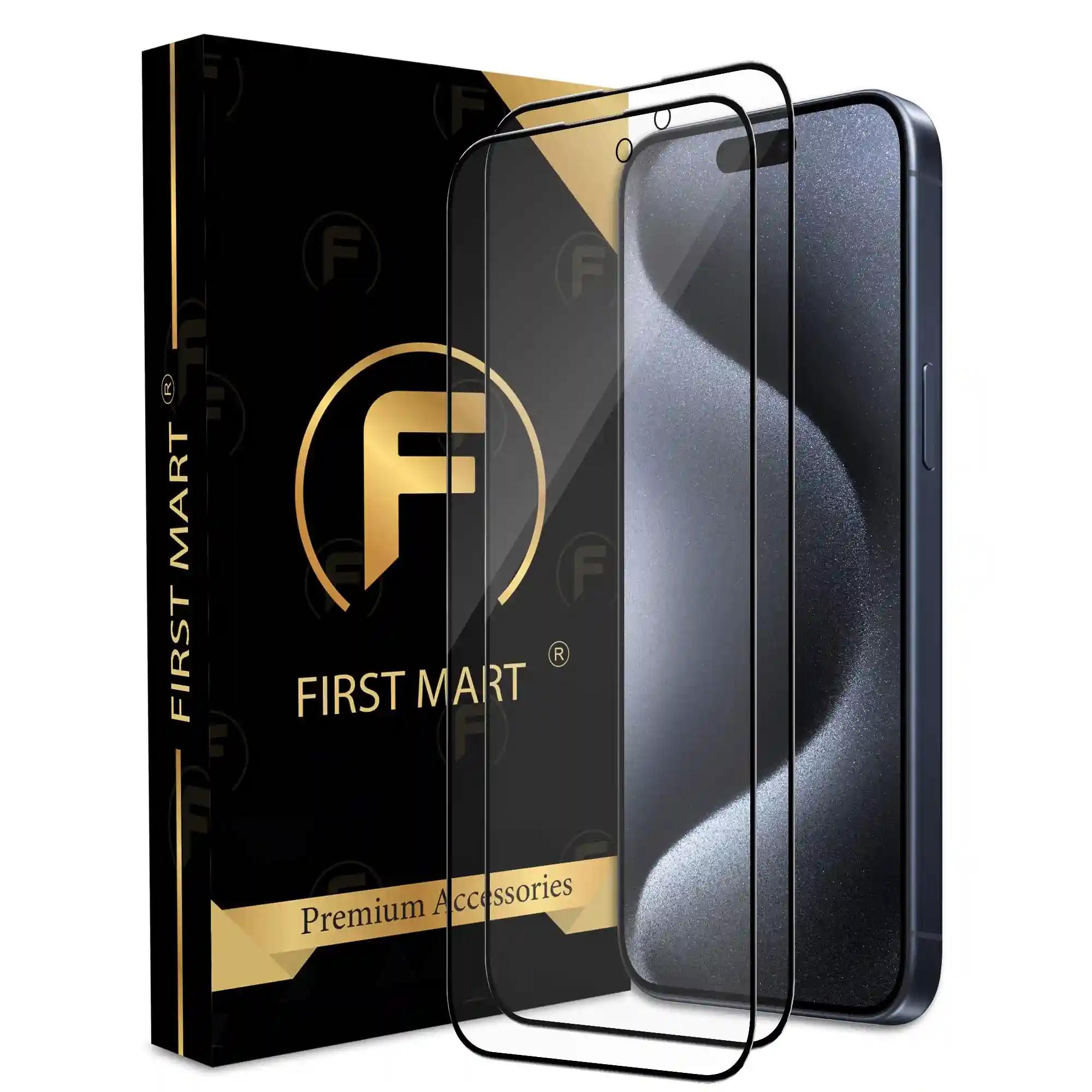 FIRST MART Premium Tempered Glass for iPhone 15 Pro Max with Edge to Edge Coverage and Easy Installation Kit, Pack of 2