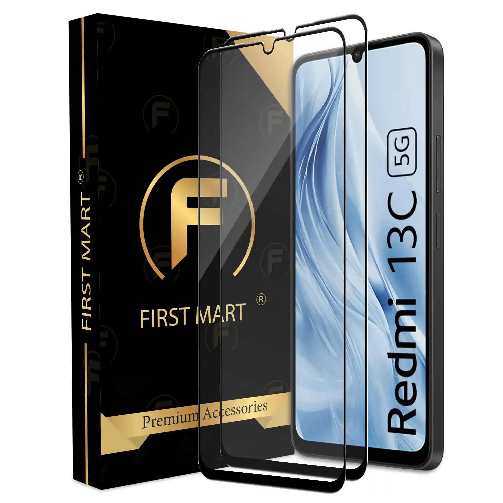 FIRST MART Premium Tempered Glass for Redmi 13C 5G with Edge to Edge Coverage and Easy Installation Kit, Pack of 2