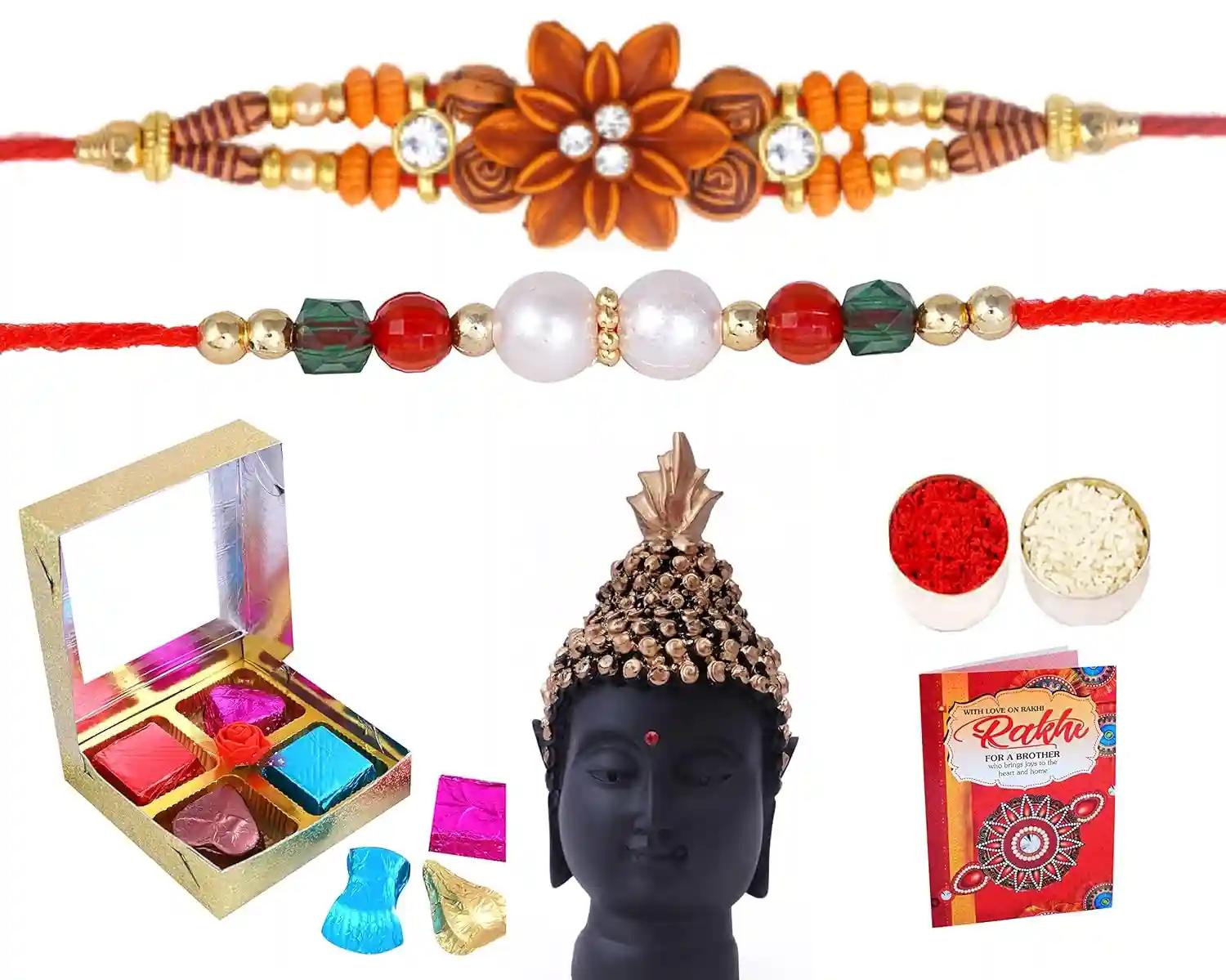 Rakhi For Brother With Gift/Rakhi Gift Set/Rakhi Gift Combo/Rakhi For Brother And Bhabhi With Set Of 2 Rakhi-2 Kundan Rakhi+Chocolate Box+Roli And Chawal+Showpiece Figurine+Greeting Card