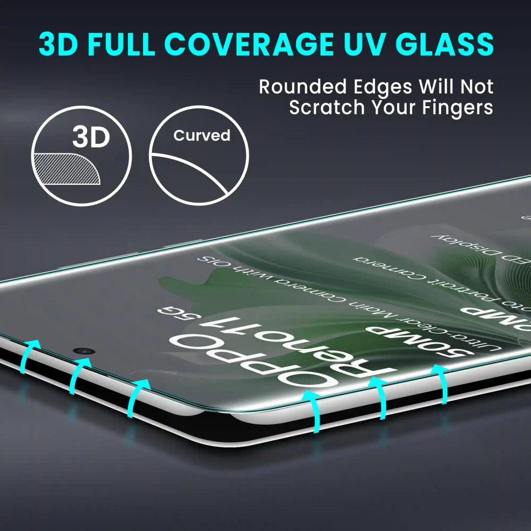 FIRST MART Tempered Glass for Oppo Reno 11 5G / Oppo Reno 11 Pro 5G with Edge to Edge Full Screen Coverage and Easy UV Glue Installation Kit and Cable Protector, Pack of 1