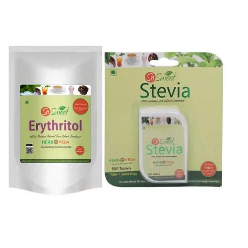 So Sweet Stevia Tablets 500 + 250gm Erythritol Powder 100% Natural Sweetener - Sugar Free -(Pack of 2)