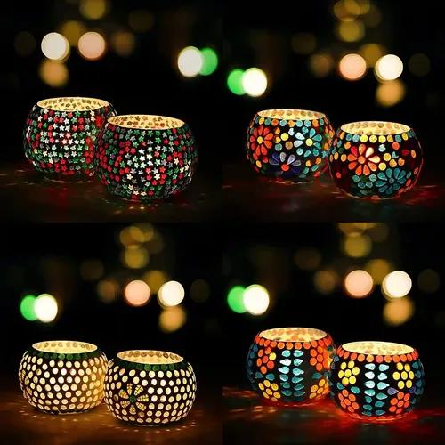 WebelKart Set of 4 Mosaic Glass Tealight Votive Candle Holder with Tea Light Candles for Indoor Outdoor Decoration- Christmas Decoration Items-Christmas Candle holder (Multicolor, Glass) Mix Designs