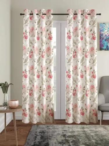 TRANCE HOME LINEN Floral Printed 8 Feet Living Room Bedroom Door and Windows Curtain | 100% Cotton 60-65% Room Darkening Curtains | Eyelet Ring Door Parde (8Ft, Tashi Pink) - Set 2