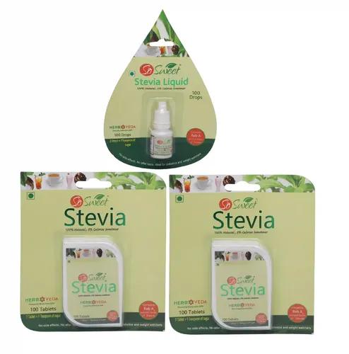 So Sweet Stevia Tablets 200 + Stevia Liquid (100 Drops) Sugar Free 100% Natural Sweetener (Pack of 3)