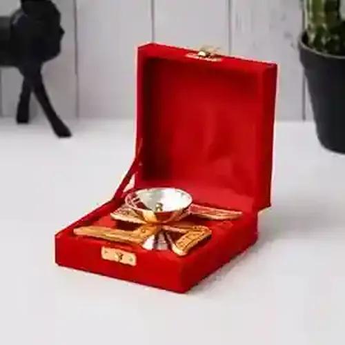 WEBELKART Premium Akhand Aarti Diya with Velvet Box Agarbatti Holder, Dhoop Holder and (Brass, Gold) (5" Inches) Diya for Diwali