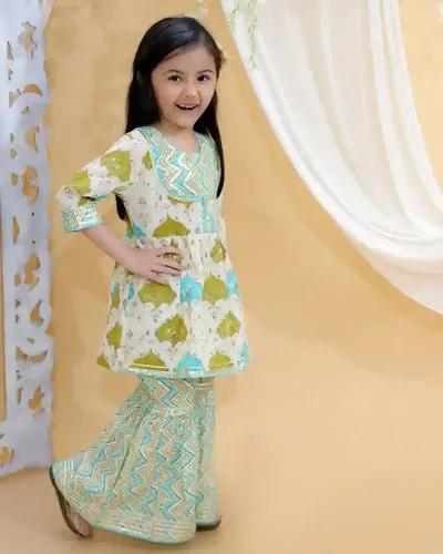 Kid’s Girls Pure Cotton Jaipur Block Printed Indian Ethnic Festive Party Wear Suit Sets Green