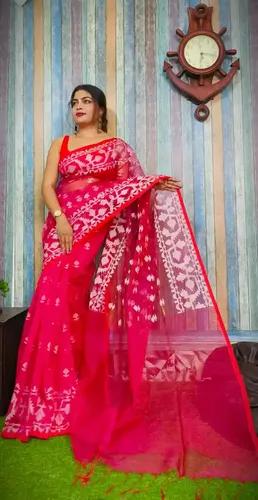 Reshom Silk Handloom Jamdani Saree - Tomato Red