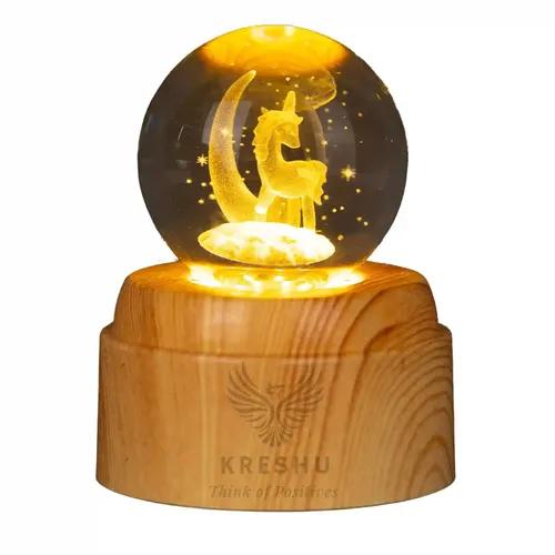 KRESHU 3D Crystal Rotating Glass Ball Dimmable Warm LED Light Wooden Stand Luminous USB Cable Decoration Night Lights for Art Home Decoration