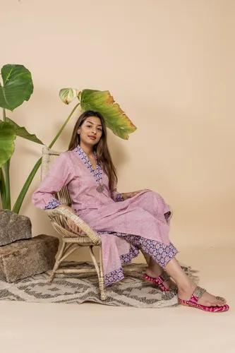 Co-ord Pink & Blue Rashidi Kurta Set With Side Pocket