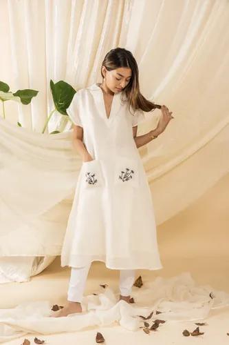 Linen Short Dress With Hand Embroidery Pockets