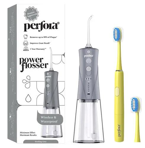 PERFORA Power Water Dental Flosser | 1 Year Warranty | Floss, Electric Toothbrush, Dental Flosser For Teeth Oral Care, 3 Modes - Electric Brush 002 & Flosser Combo|Sterling Grey & Sunshine Yellow