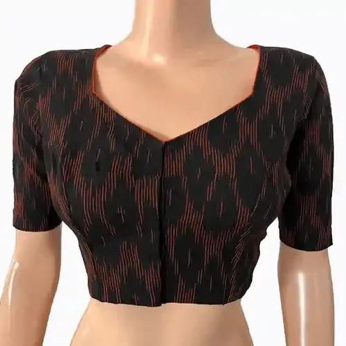 Ikat Cotton Sweetheart neck Blouse - Black Maroon