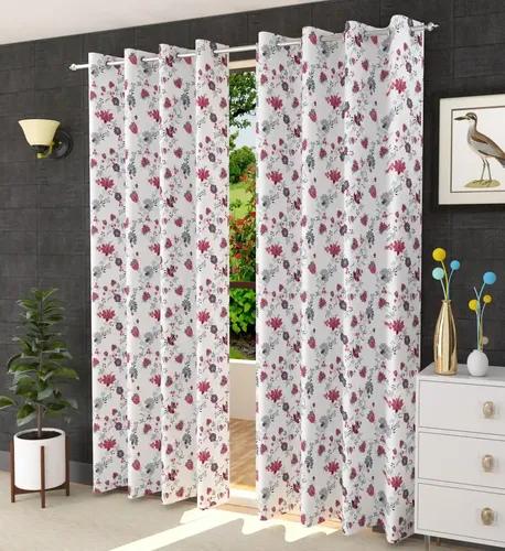 TRANCE HOME LINEN Floral Printed 100% Cotton Curtain for Living Room Bedroom Office Long Doors | 10 Feet Curtains| 60-65% Room Darkening Eyelet Ring Parde (Red Wine - Set 2, 10ft)