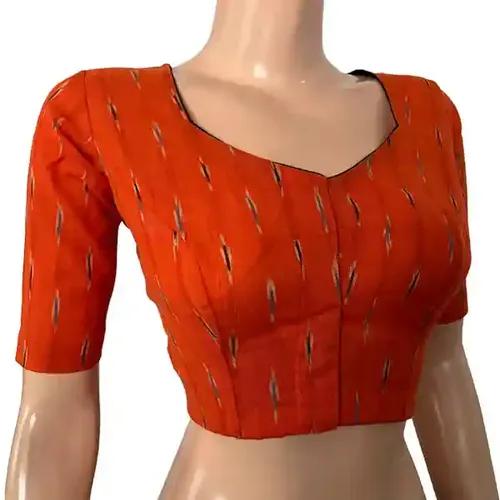 Ikat Cotton Sweetheart neck Blouse - Orange