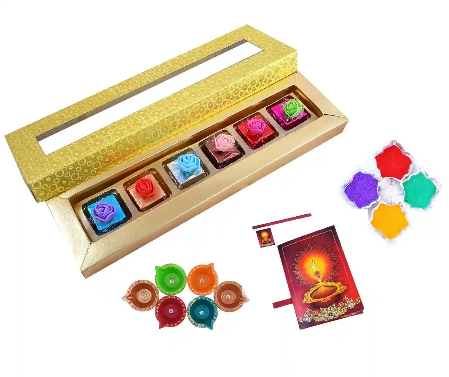 MANTOUSS Deepawali Luxury Chocolate Hamper (Golden) + 4 Cute Diya, Diwali Greeting Card and Rangoli Colours