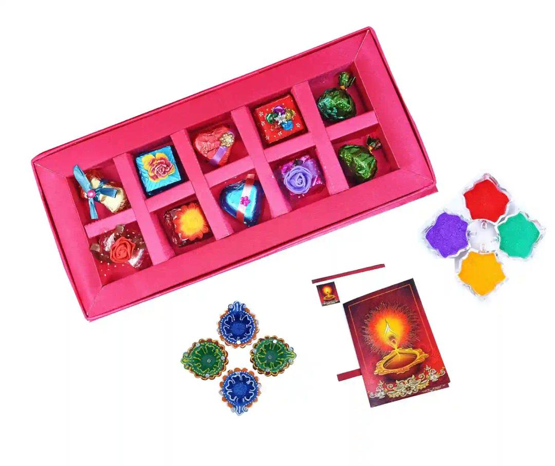 MANTOUSS Diwali Chocolate Gift in Premium Pink Satin Box + 2 earthern Diya, Diwali Greeting Card and Rangoli Colours