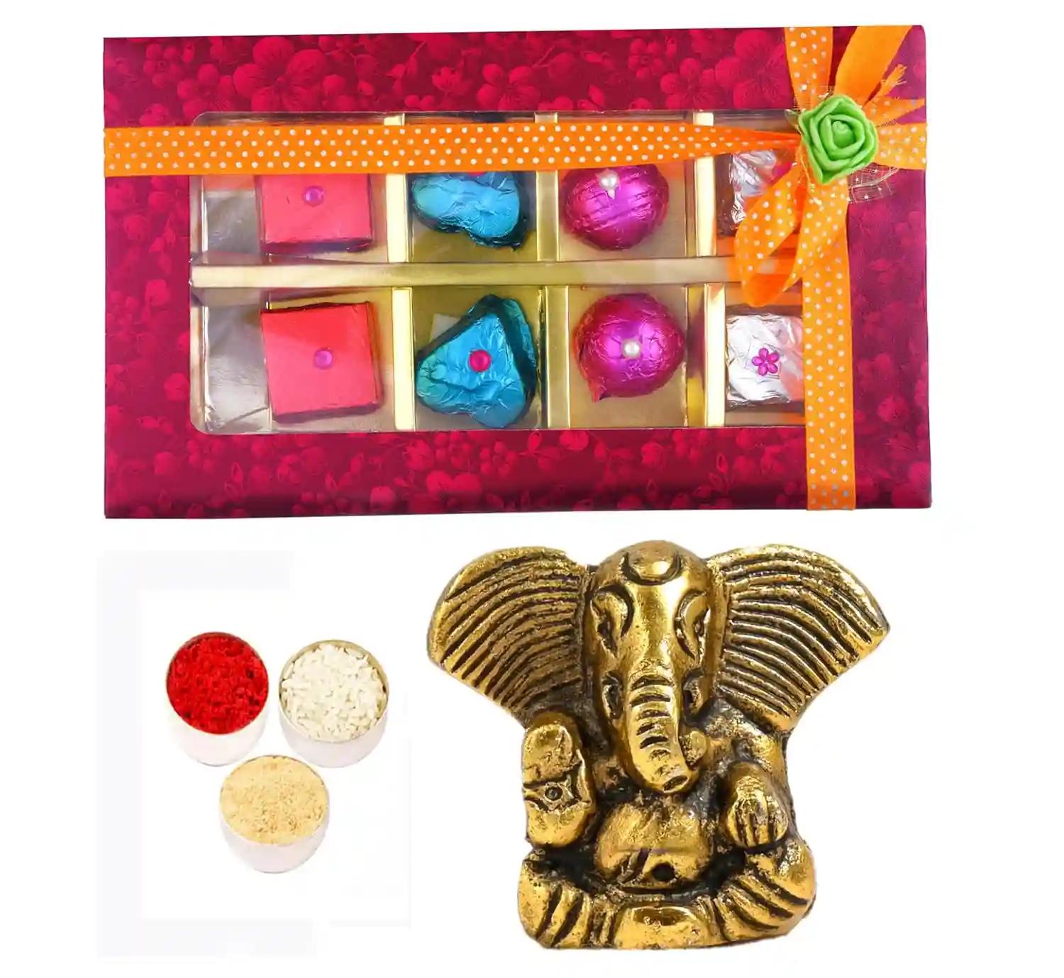 Bhai dooj gift set for brother/bhai dooj gift for brother/bhai dooj gift/bhai dooj gift set/bhaiya dooj gift hamper/bhaiya dooj tika set-Chocolate box+showpiece figurine+roli, chawal and chandan