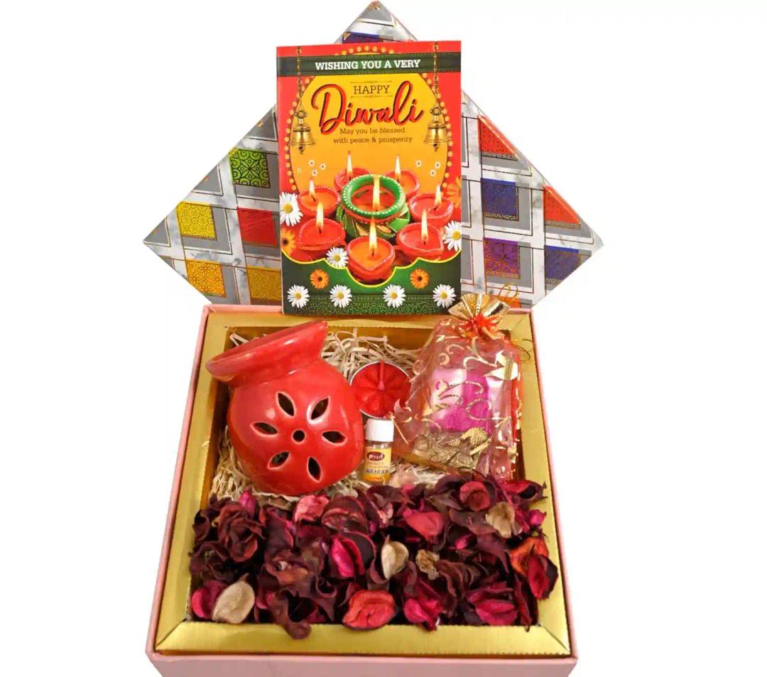 MANTOUSS diwali gifts/diwali gift hamper/diwali chocolate gifts/diwali chocolates/diwali gifts for family-decorated box+handmade chocolates+ceramic oil diffuser+Potpourri flowers+Diwali greeting card