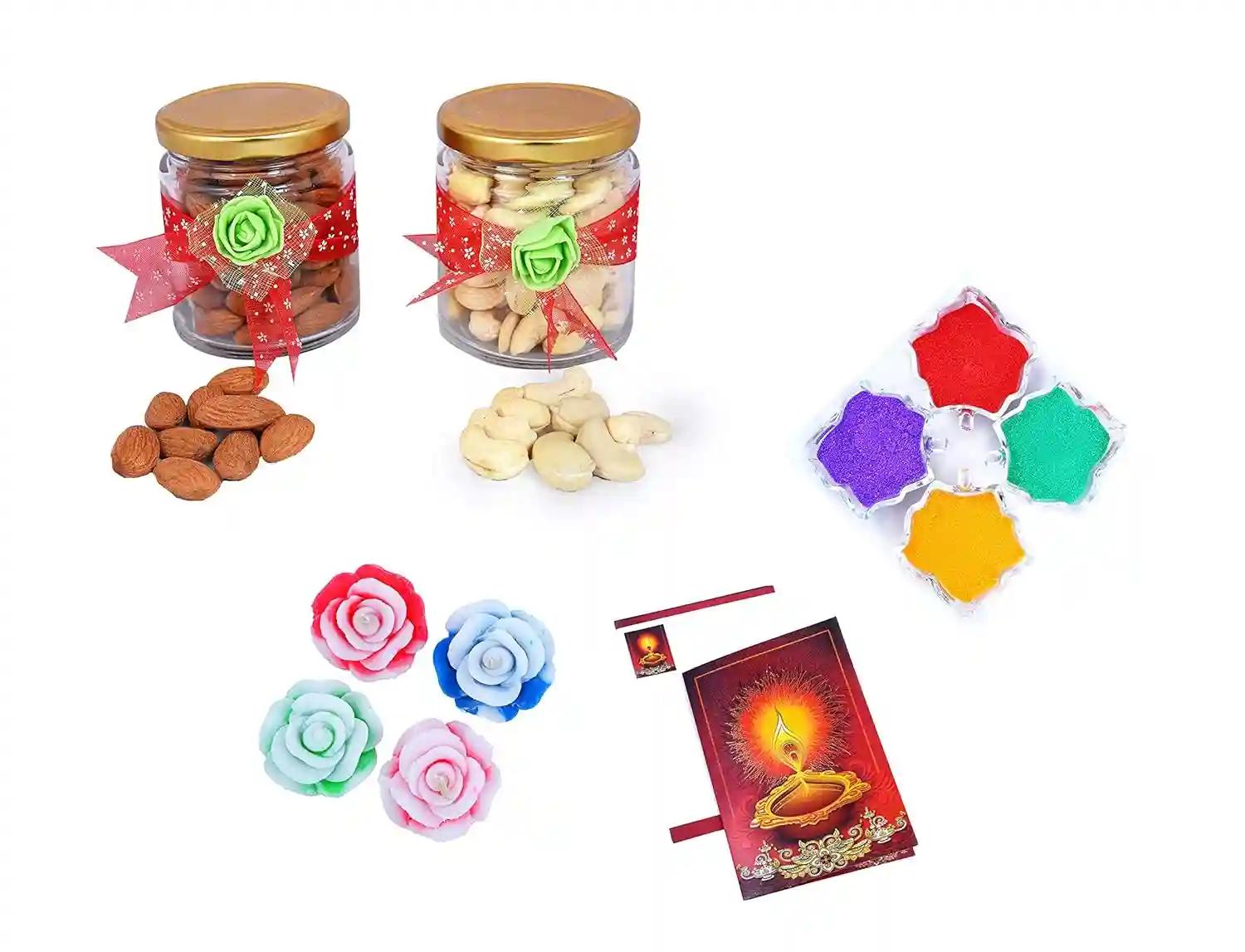 MANTOUSS Diwali Dry Fruit Decorative Glass Jar-Almond and Cashew(100gms Each),200 GMS + 2 Floating Diya, Diwali Greeting Card and Rangoli Colours