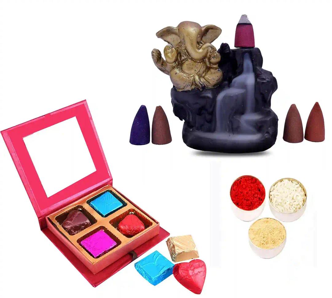 Bhaiya dooj tikka with chocolate/bhai dooj gift set for brother/bhai dooj tika chawal/bhai dooj gift/bhaiya dooj roli chawal-Chocolate box+1 Backflow Incense Holder+roli chawal and chandan