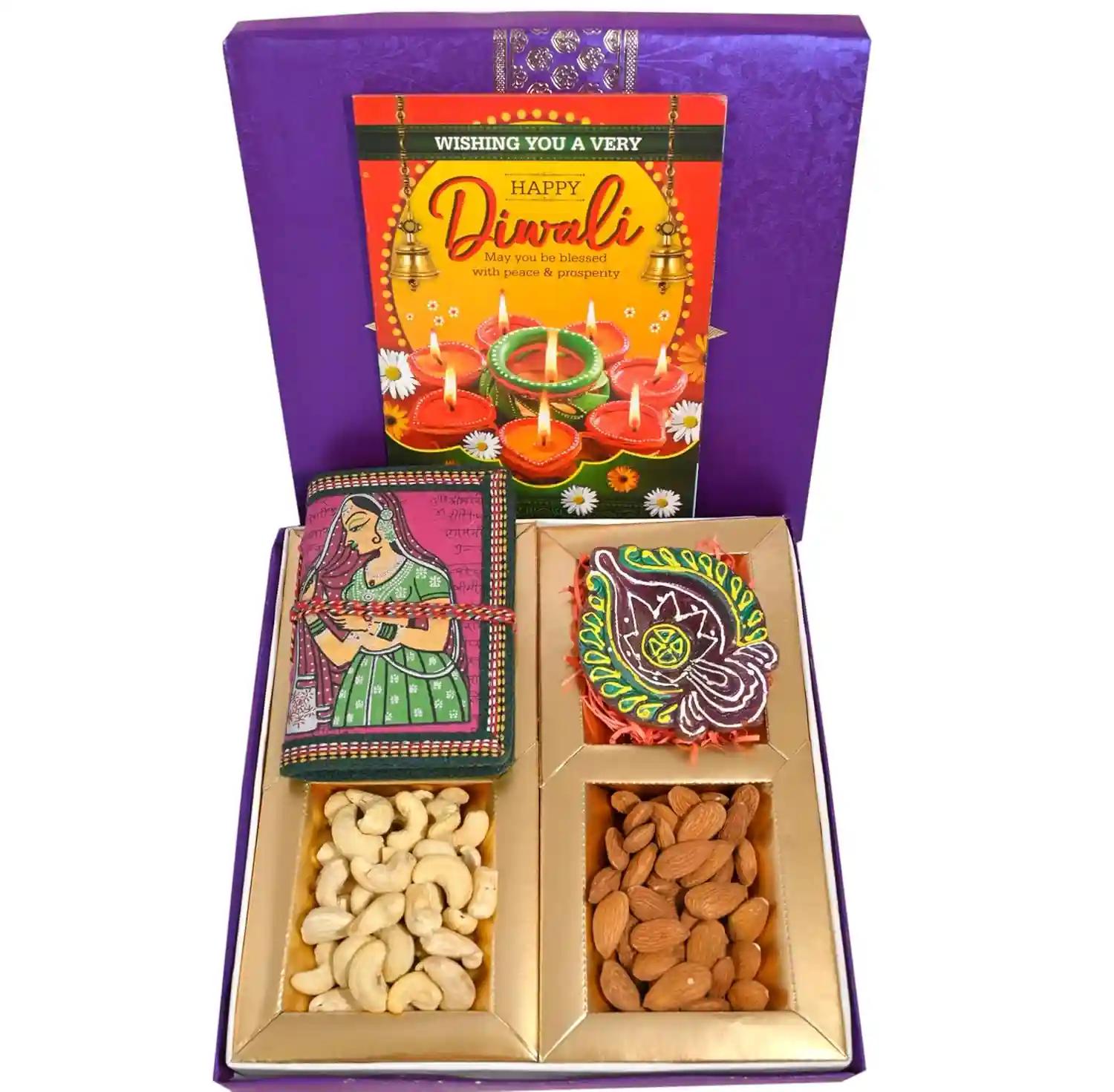 MANTOUSS Diwali corporate gift hampers/diwali gifts for employees/Diwali gift items/diwali gifts-50gms almonds+50gms cashew+Handmade diary+decorated earthern diya+Diwali Card