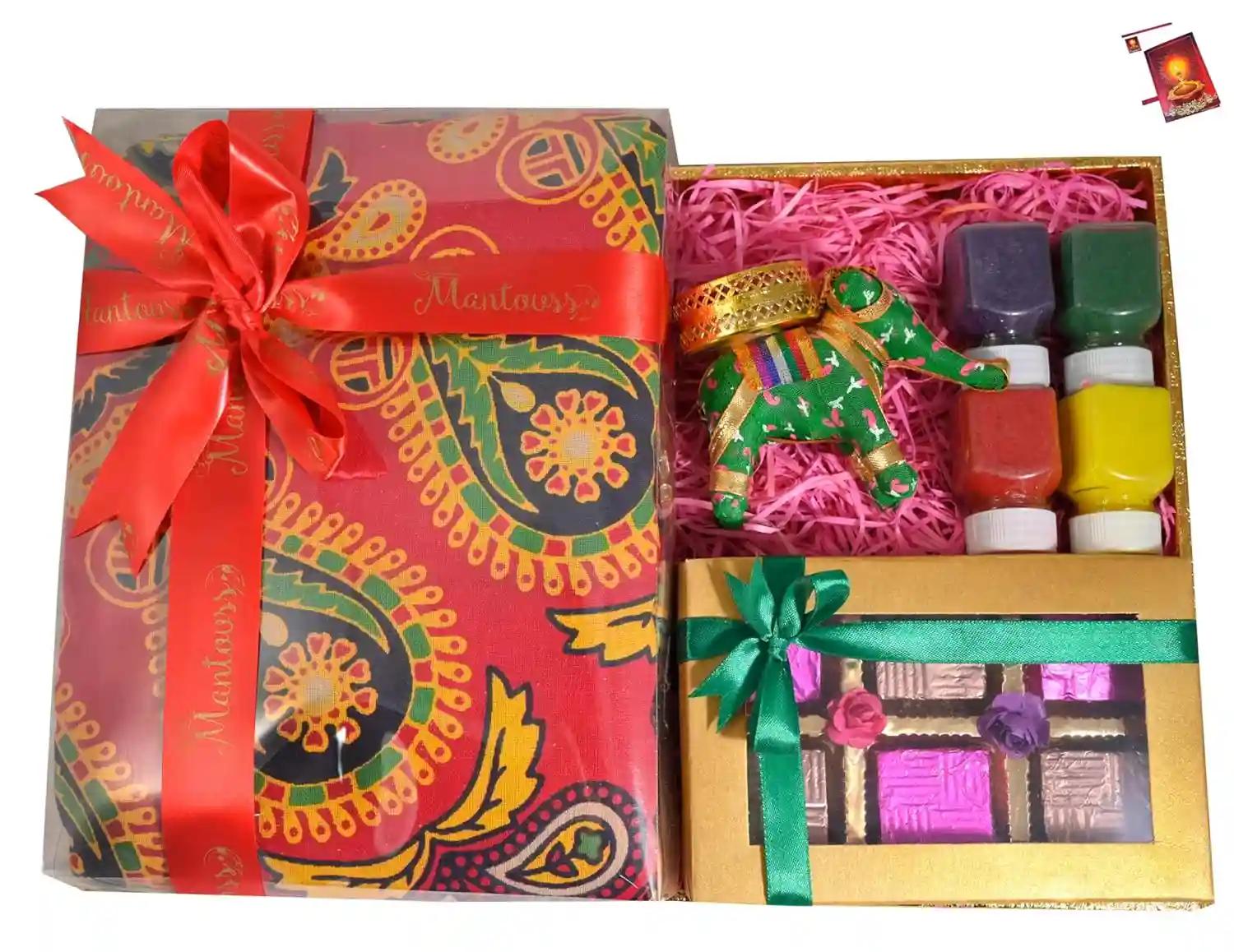 Diwali gift box/diwali gift pack/diwali gifts for employees/diwali gift hampers-decorated tray-chocolate box+elephant shaped candle holder+Mandala bedsheet+4 Rangoli Colours+Diwali Greeting Card