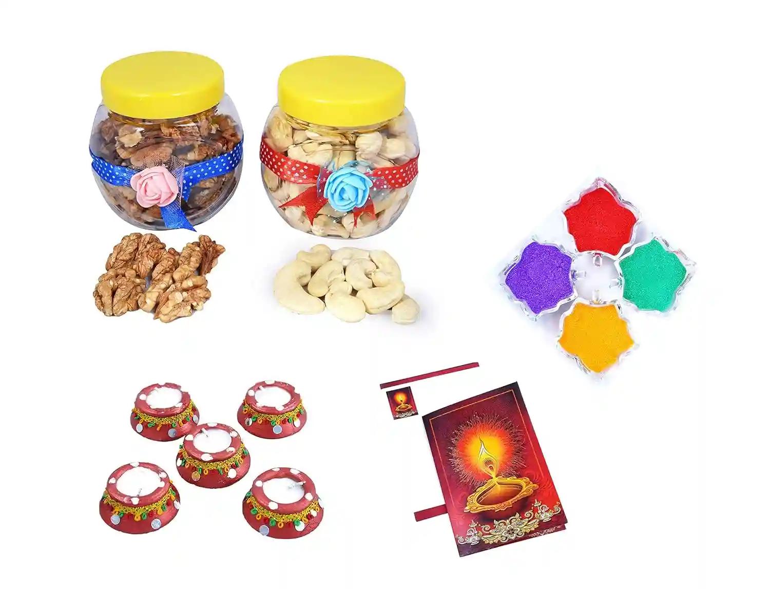 MANTOUSS Diwali Dry Fruit Decorated Jar-Cashew and Walnut(100gms Each),200 GMS + 2 Matki Wax Filled Diya, Diwali Greeting Card and Rangoli Colours