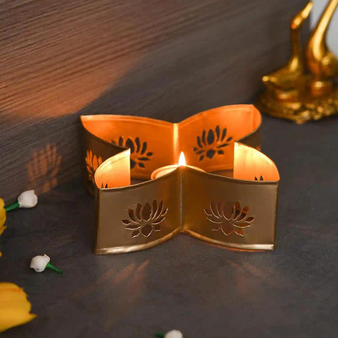 WEBELKART Premium Handcrafted Table Tealight Candle Holder for Home and Office Decor| Hurricane tealight Holder for Diwali and Christmas Decorations (5.5 in, Gold)