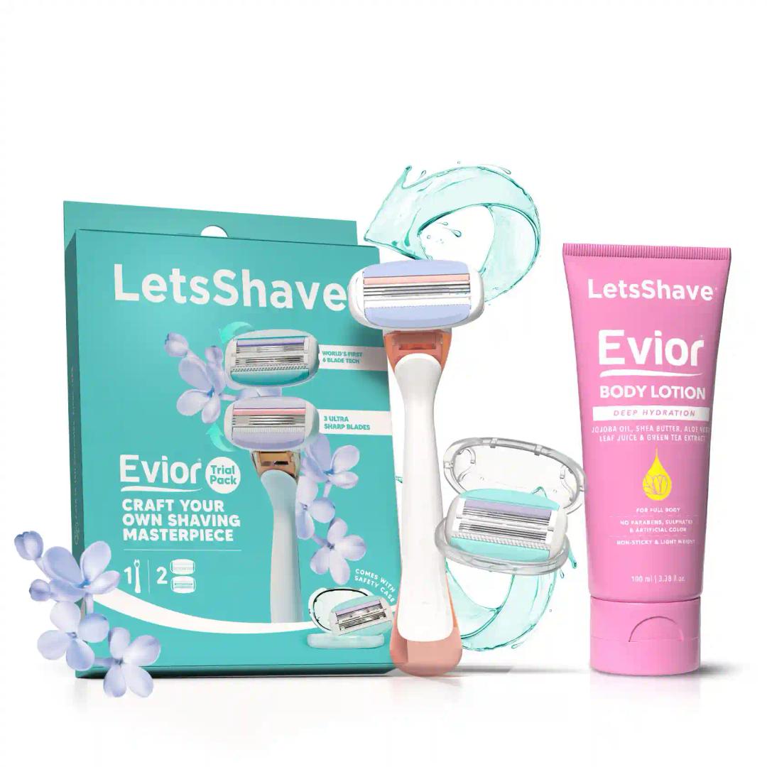 LetsShave Evior Trial Pack | Body Hair Removal Razor Shaving Kit For Women | Wide Head & Openflow Cartridge | Dual Moisture Bar & Micro Comb Guard Bar | For Arms & Legs | Womens Razor + Evior Body Lotion 100Ml