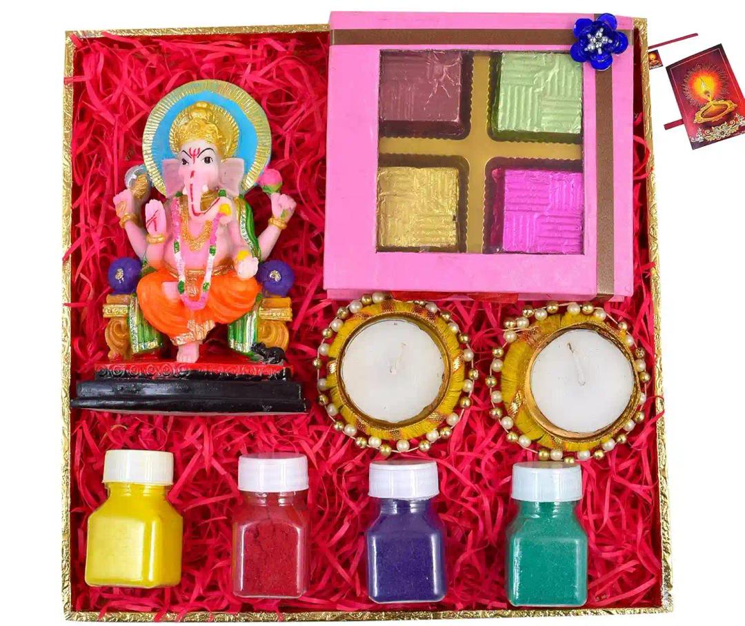 Diwali gifts for friends and family/diwali gifts/diwali chocolate gift/diwali gift box-decorated diya+Chocolate box+Showpiece figurine+2 moti candle+4 Rangoli Colours+Diwali Greeting Card