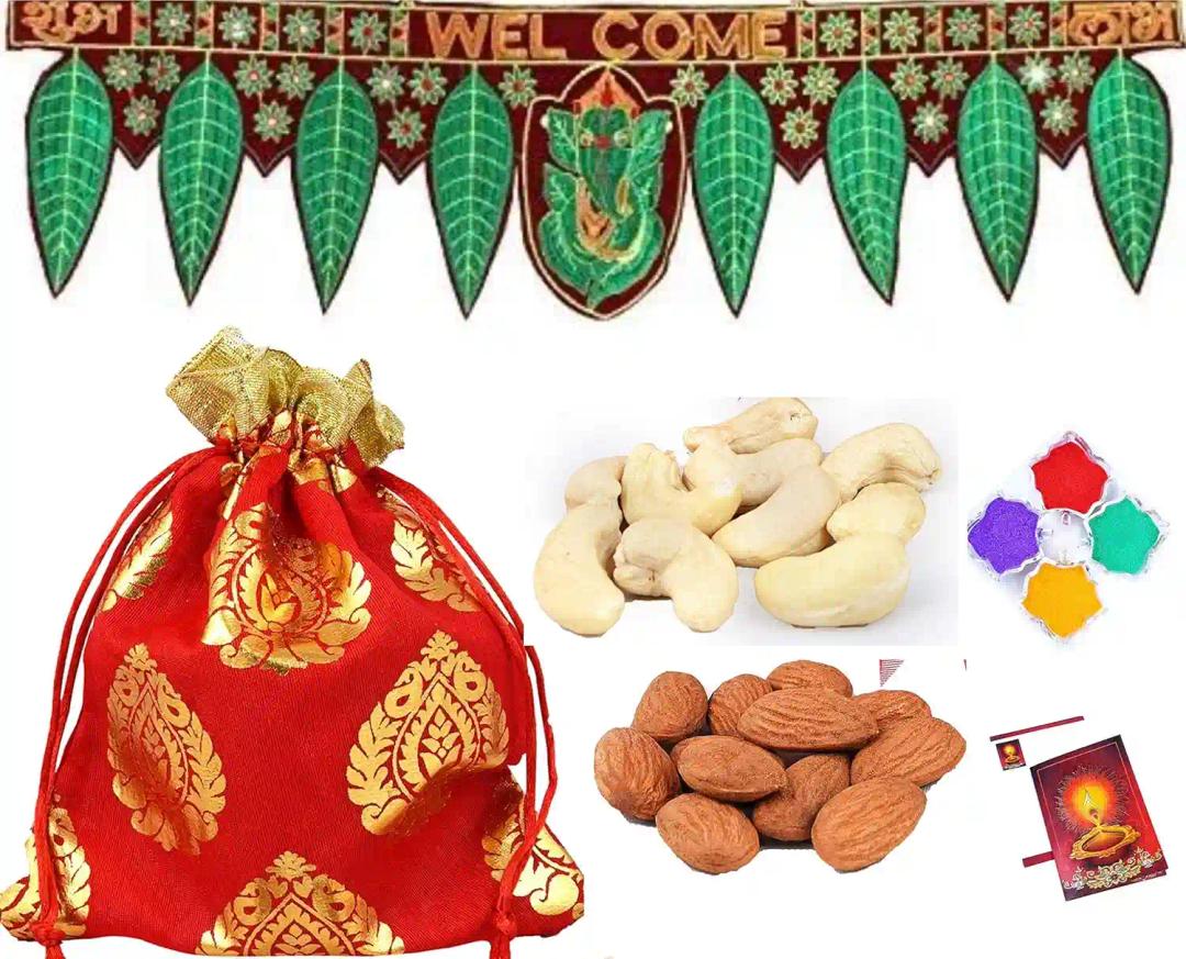 MANTOUSS Diwali Celebrations Gift Hamper/Diwali Gift Box-Designer potli with Almond and Cashew+Ganesha toran/bandherwal for Home Decor+4 Rangoli Colours+Diwali Greeting Card