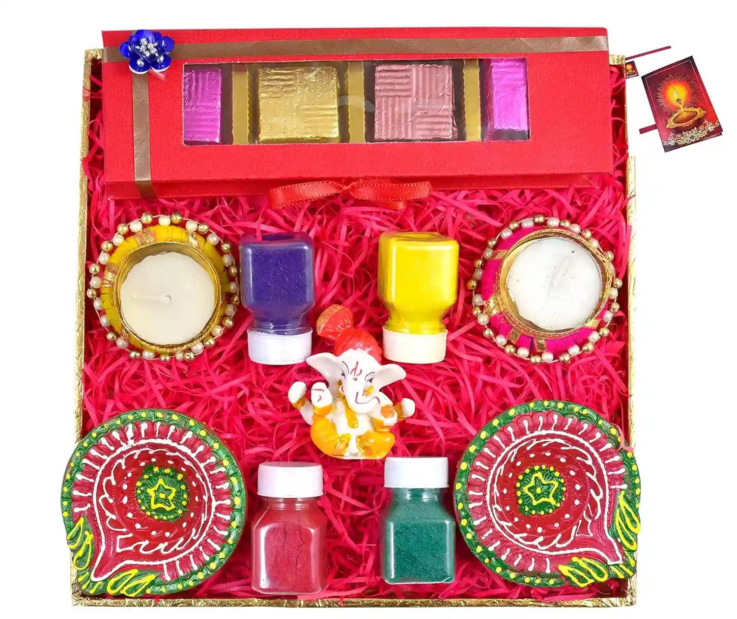 Diwali gifts for friends and family/diwali gift hamper/diwali chocolate gift/diwali gifts-decorated tray+Chocolate box+2 earthern diya+2 moti diya+Showpiece figurine+ Rangoli Colours+Greeting Card