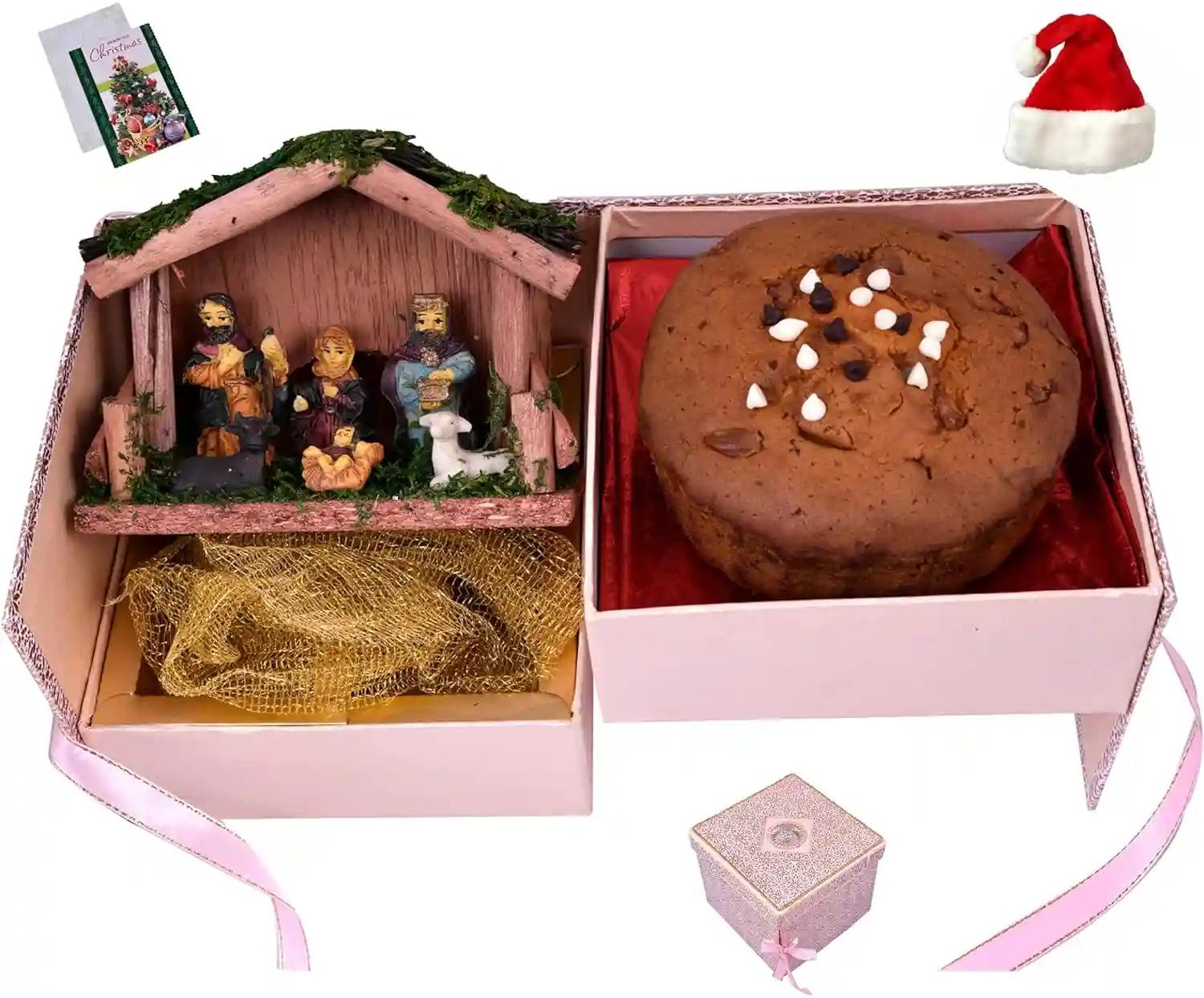 MANTOUSS Christmas gift hamper/Christmas gifts/Christmas Double Decker Plum Cake(200gms) Gift Box/Christmas Cake Gift Hamper+ Christmas Nativity Jesus Family Statue + Christmas Card + Santa Cap