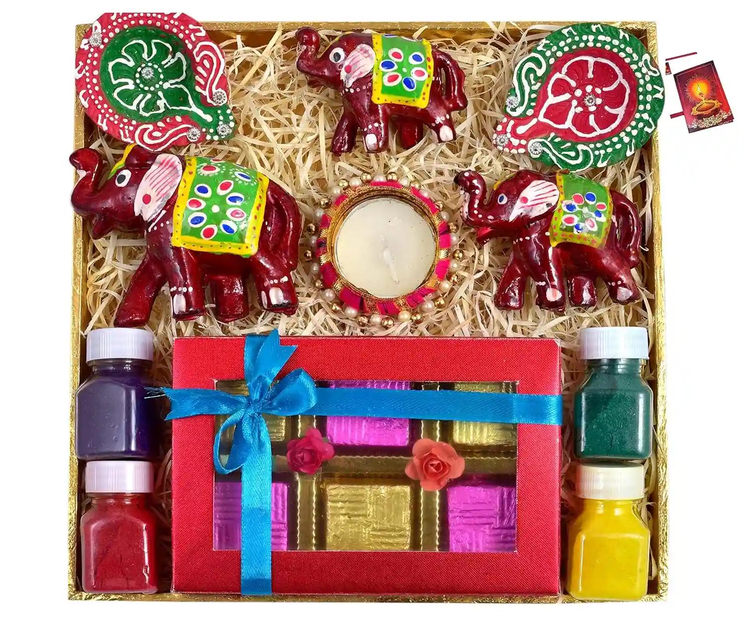 Diwali gifts for employees/Diwali gift hampers/Diwali gift box/diwali gifts itemsHandmade Chocolate box+Set of Elephant show piece+2 earthern diyas+4 rangoli colours +1 decorative candle+Greeting card