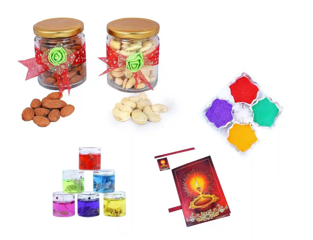 MANTOUSS Diwali Dry Fruit Decorative Glass Jar-Almond and Cashew(100gms Each),200 GMS + 2 Gel Filled Glass Candle, Diwali Greeting Card and Rangoli Colours