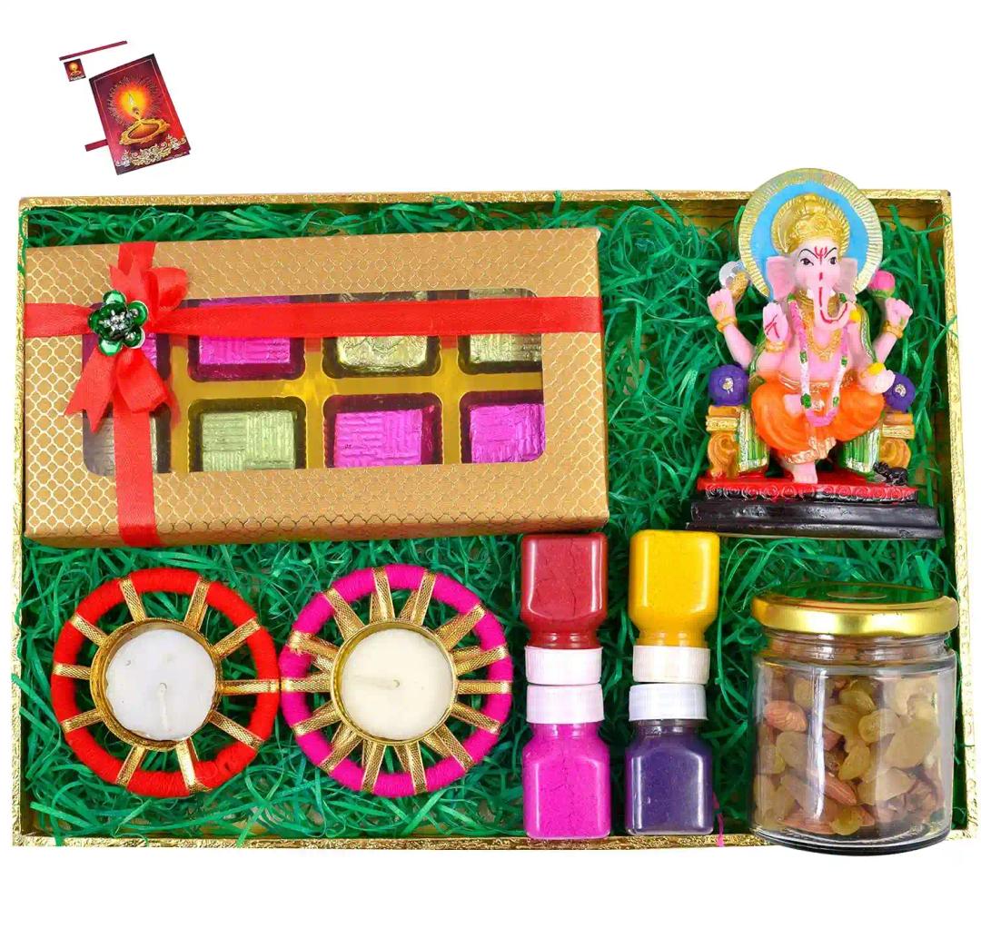 Diwali dry fruits gift box/Diwali dry fruits gift hamper/Diwali dry fruits-Decorated Tray+100 gms of mix dry fruits+Chocolate box+2 designer diya+showpiece figurine+rangoli colours+Diwali Card