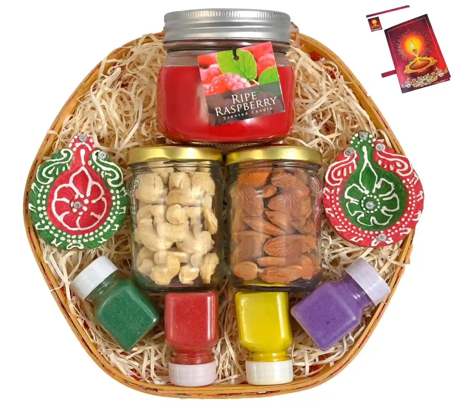 Diwali dry fruits gift box/diwali dry fruits gift hamper/diwali dry fruits gift box-decorated basket+2 Jars of Dry Fruits(Almond and Cashew)+Jar candle+2 designer Diya+4 Rangoli Colours+Diwali Card