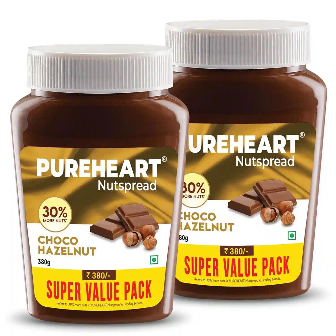 PUREHEART Nut Spread Choco Hazelnut (380 gm, Pack of 2) Delicious, Smooth & Creamy Snack, Nutty Chocolate Hazelnut Spread for Breakfast