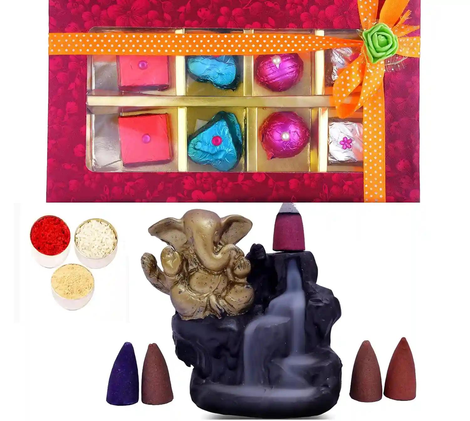 Bhaiya dooj gift for brother/bhaiya dooj tikka with chocolate/bhaiya dooj roli chawal/bhaiya dooj tikka/bhai dooj tika set-Chocolate box+1 Backflow Incense Holder+roli chawal and chandan