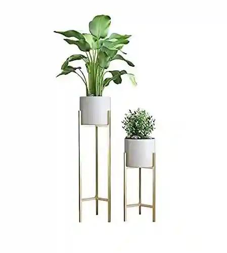 AMASS HANDICRAFTS Modern Metal Floor Flower Stands Planter for Living Room Bedroom Display Plant Stand Tall Indoor Plant Stand with Planter Pot - Set of 2 (White)