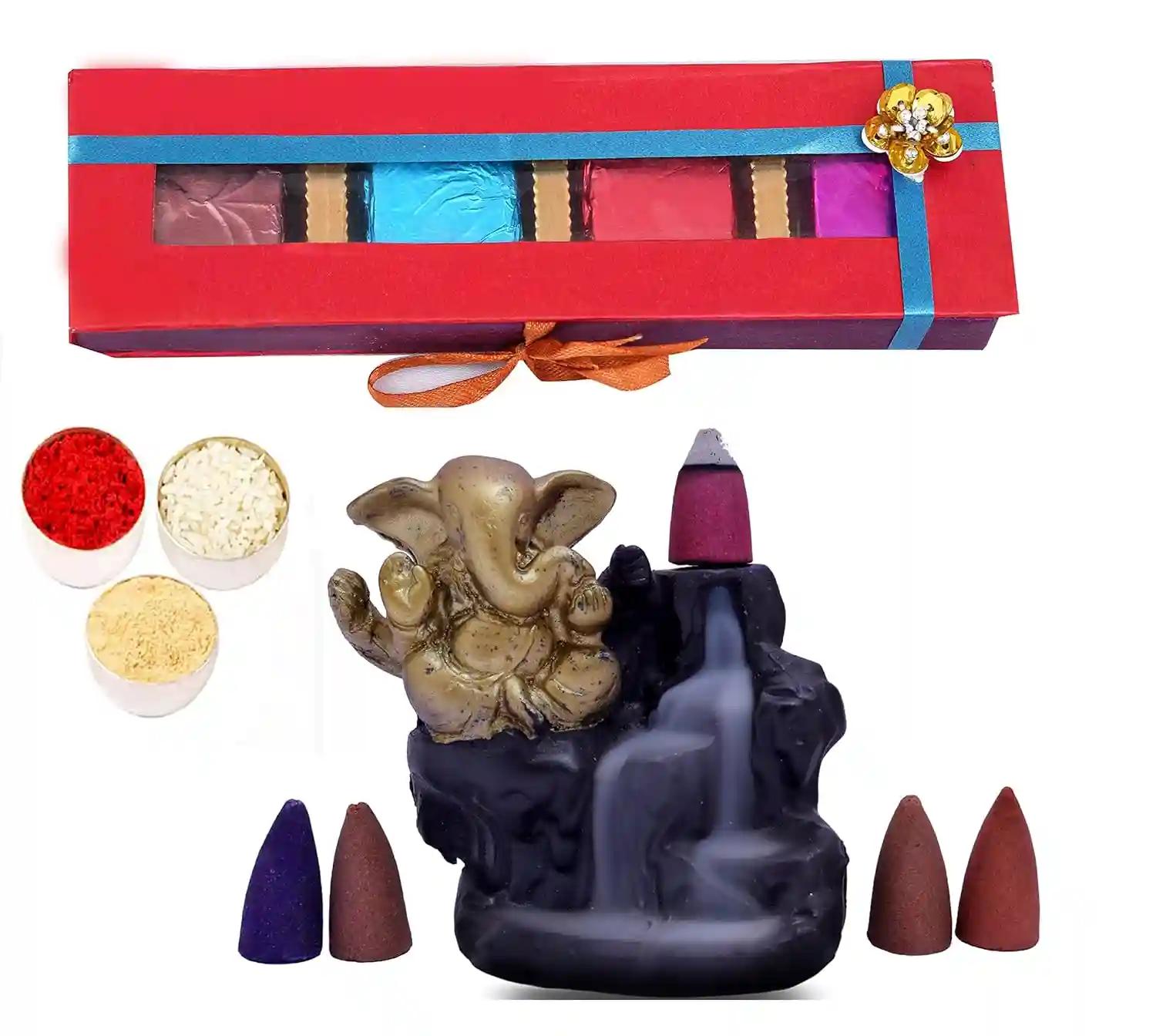 Bhaiya dooj tikka/bhaiya dooj tikka with chocolate/bhaiya dooj gift/bhaiya dooj gift for brother/bhaiya dooj roli chawal/bhai dooj-Chocolate box+1 Backflow Incense Holder+roli chawal and chandan