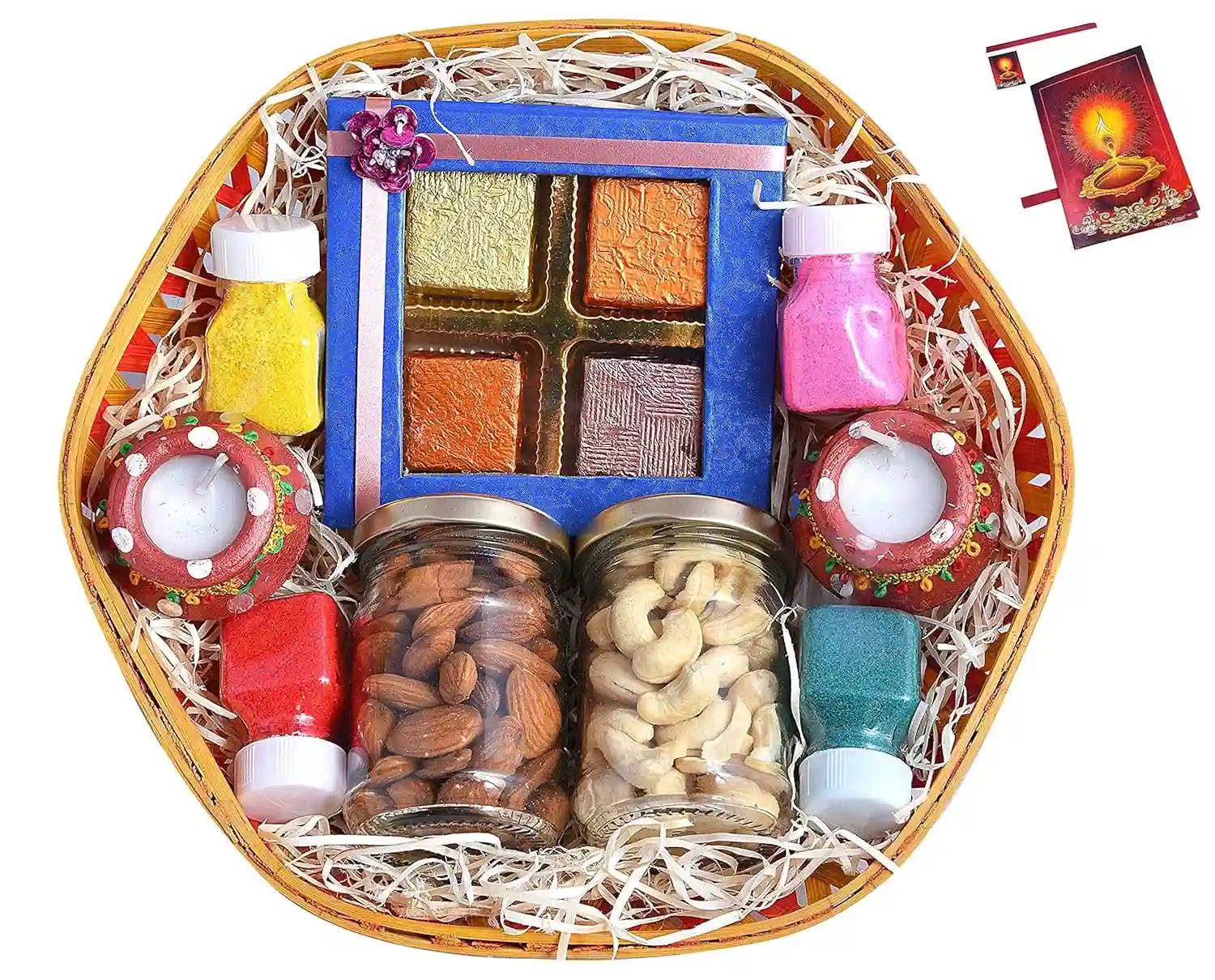 MANTOUSS Diwali Gift hampers with Dry Fruits/Dry Fruits Combo Pack-Decorated Basket+2 Jars of Dry Fruits(Almond and Cashew)+Chocolate Gift Box+2 Wax Filled matki Diya+4 Rangoli Colours+Diwali Card