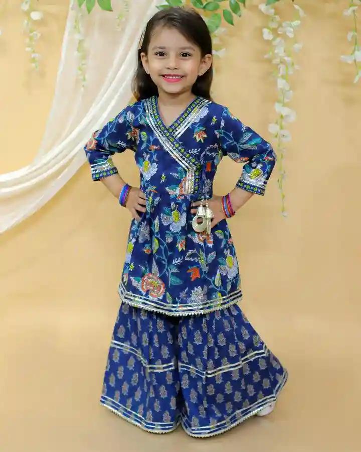 Kid’s Girls Pure Cotton Jaipur Block Printed Indian Ethnic Festive Party Wear Suit Sets | Blue